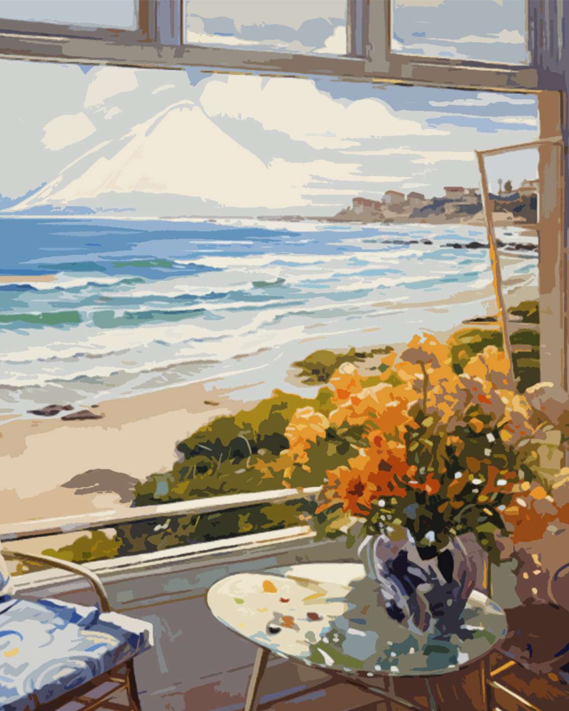 Coastal Window View with Flowers Paint by Numbers