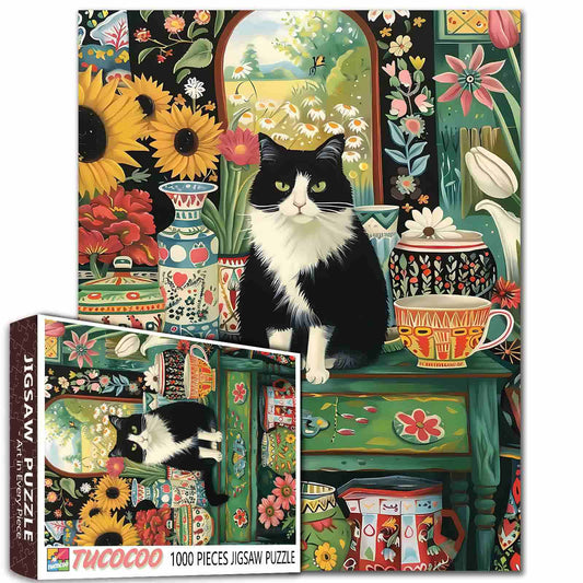 Black Cat in a Garden of Flowers Jigsaw Puzzle