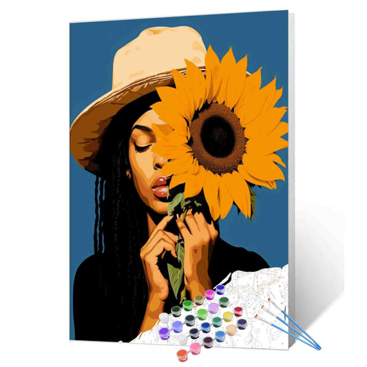 Black Ggirl and Sunflowers Paint by Numbers