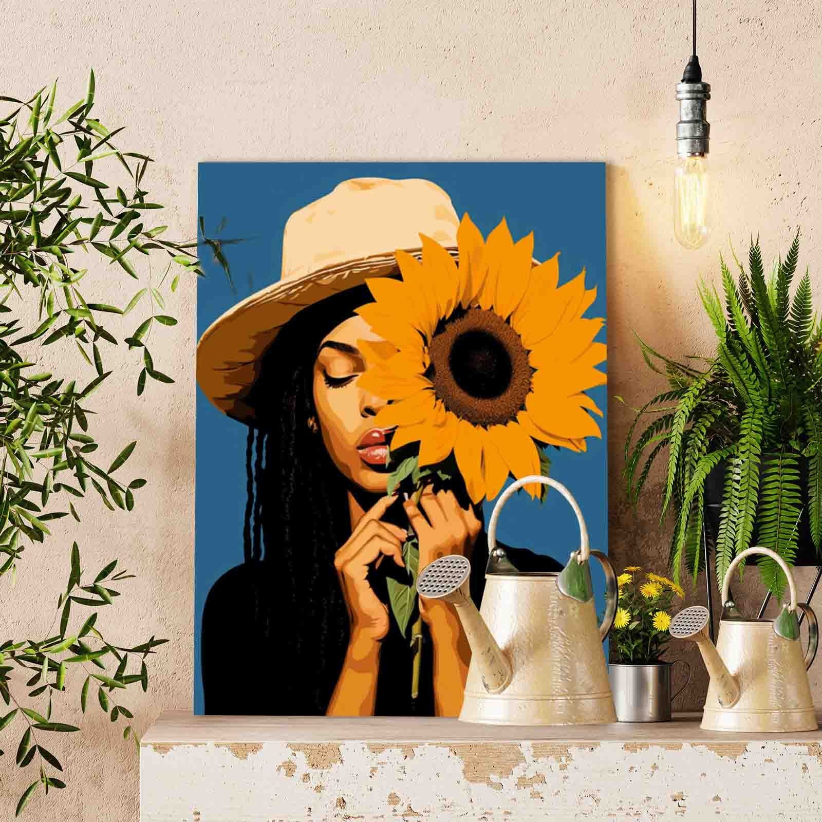 Black Ggirl and Sunflowers Paint by Numbers