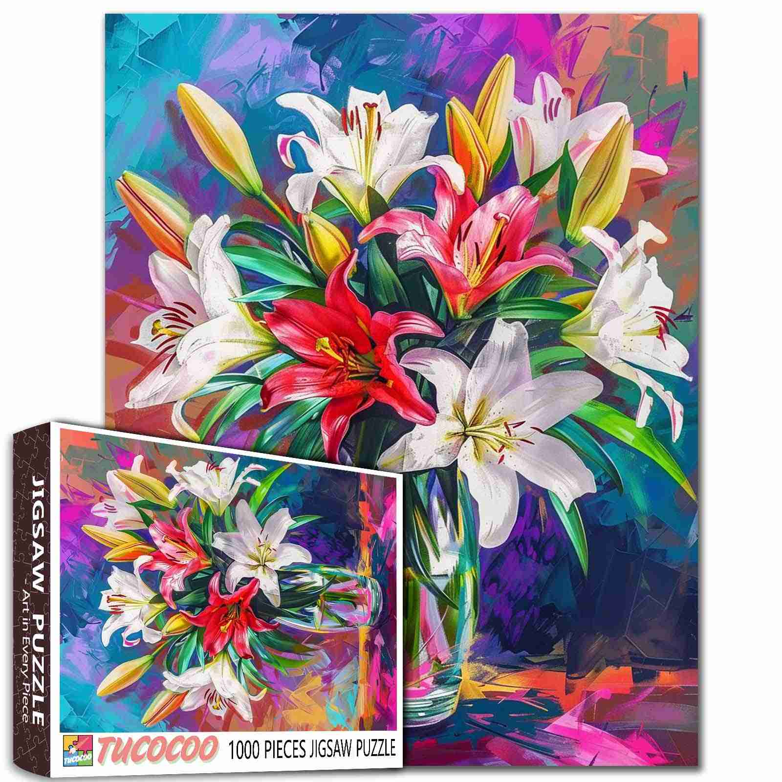Blooming Lilies in Colorful Vase Jigsaw Puzzle