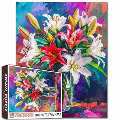 Blooming Lilies in Colorful Vase Jigsaw Puzzle