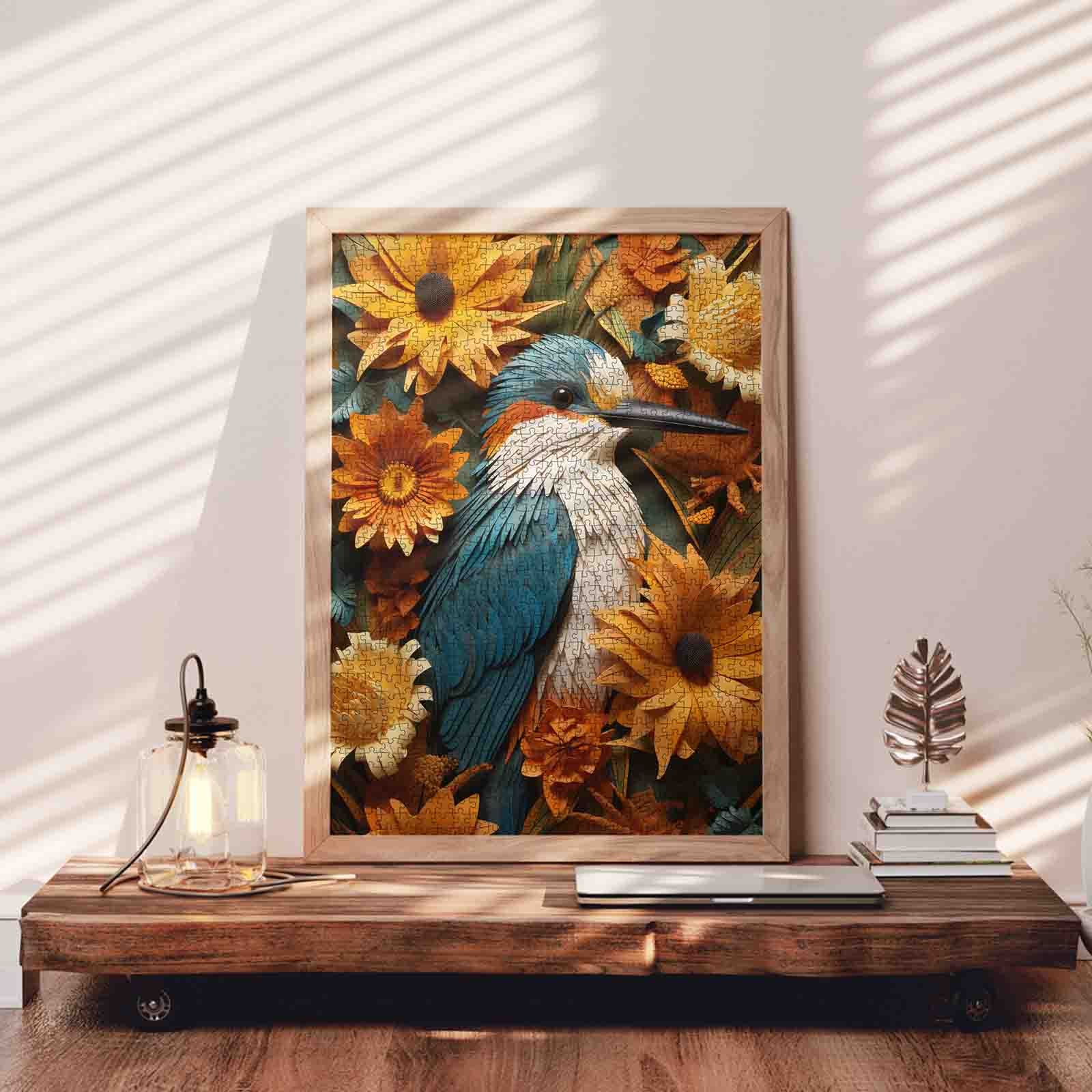 Blue Kingfisher in Sunflowers Jigsaw Puzzle