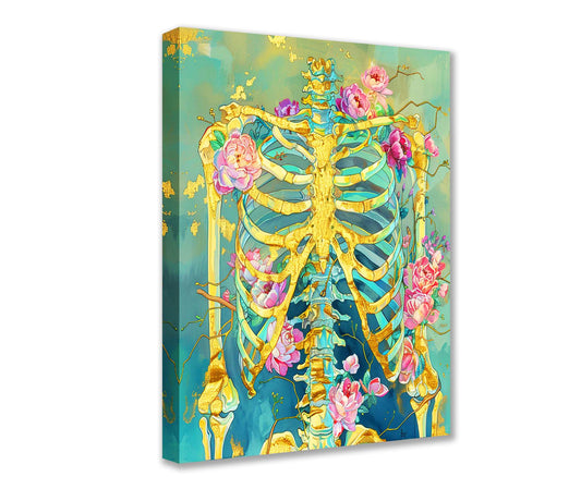 Golden Skeleton with Blooming Flowers Canvas Wall Art