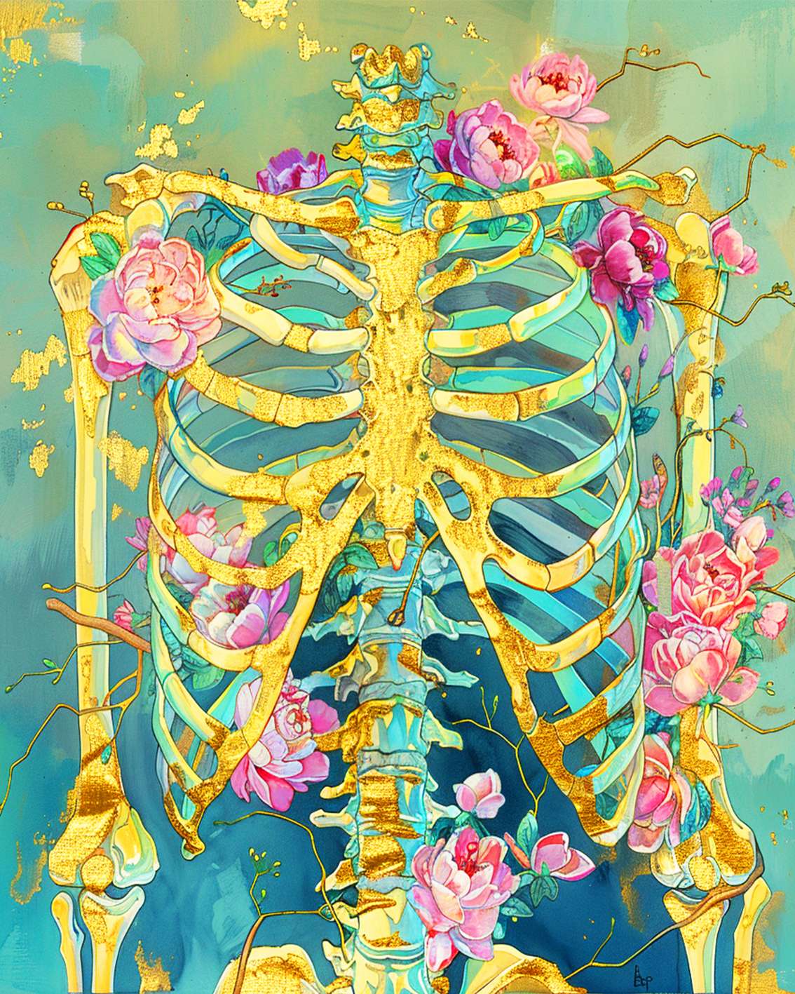 Golden Skeleton with Blooming Flowers Canvas Wall Art