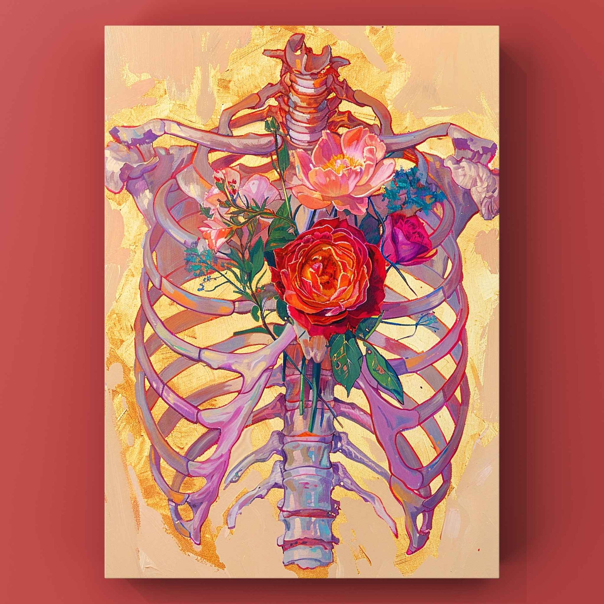 Golden Ribcage Blooms Canvas Wall Art