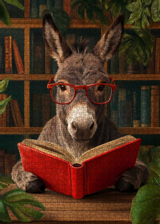 Bookish Donkey in Cozy Library Jigsaw Puzzle