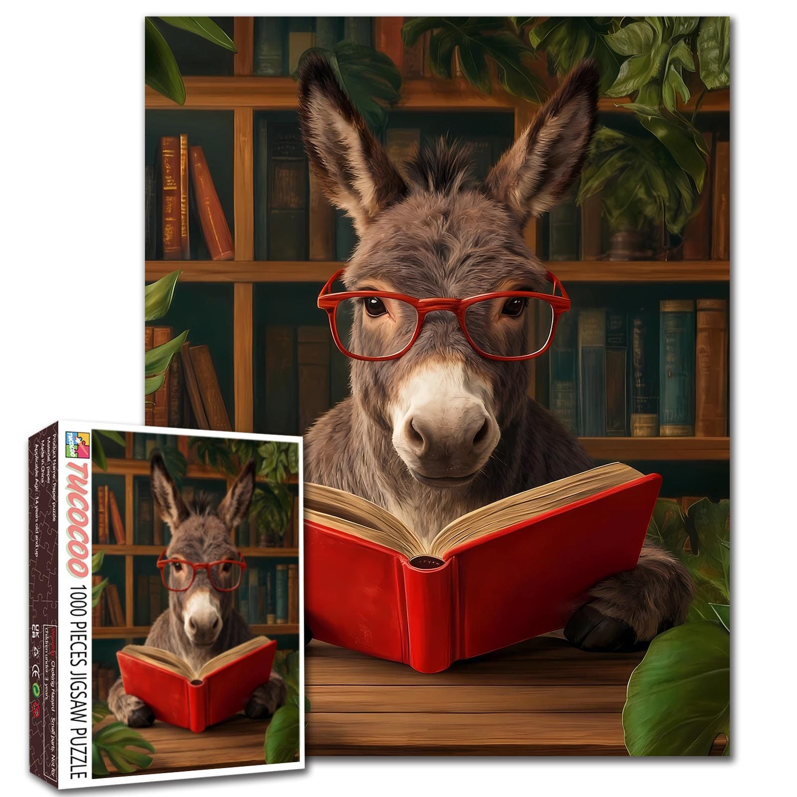 Bookish Donkey in Cozy Library Jigsaw Puzzle