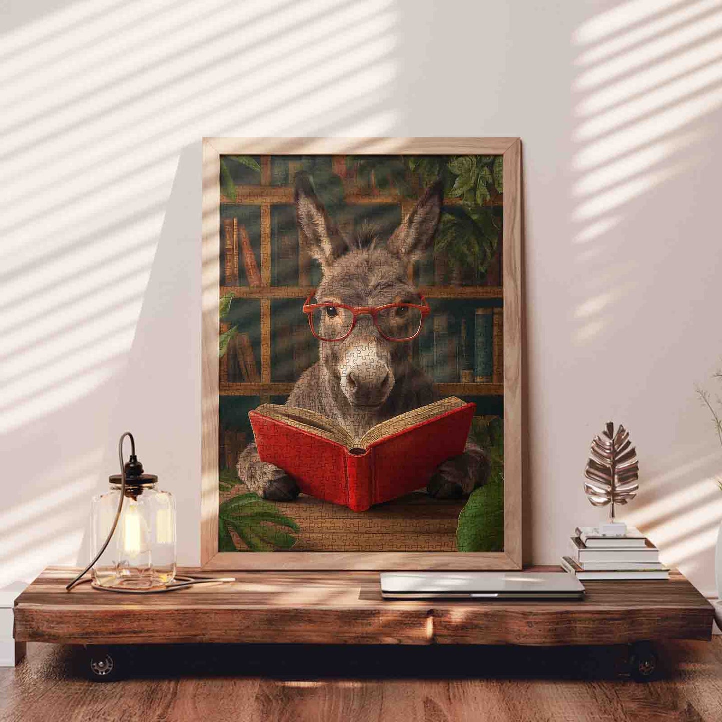 Bookish Donkey in Cozy Library Jigsaw Puzzle