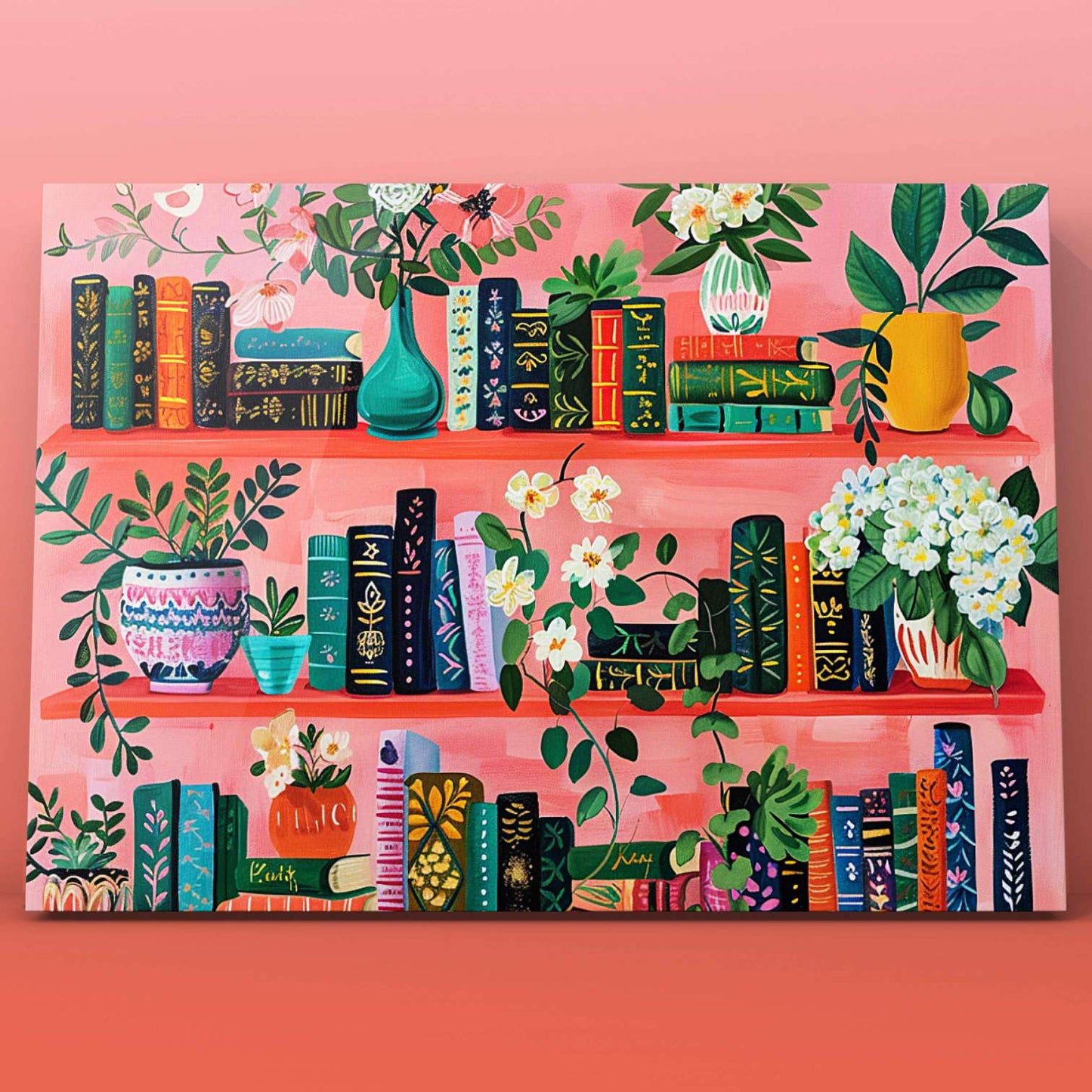 Vibrant Pink Shelves with Flowers Paint by Numbers