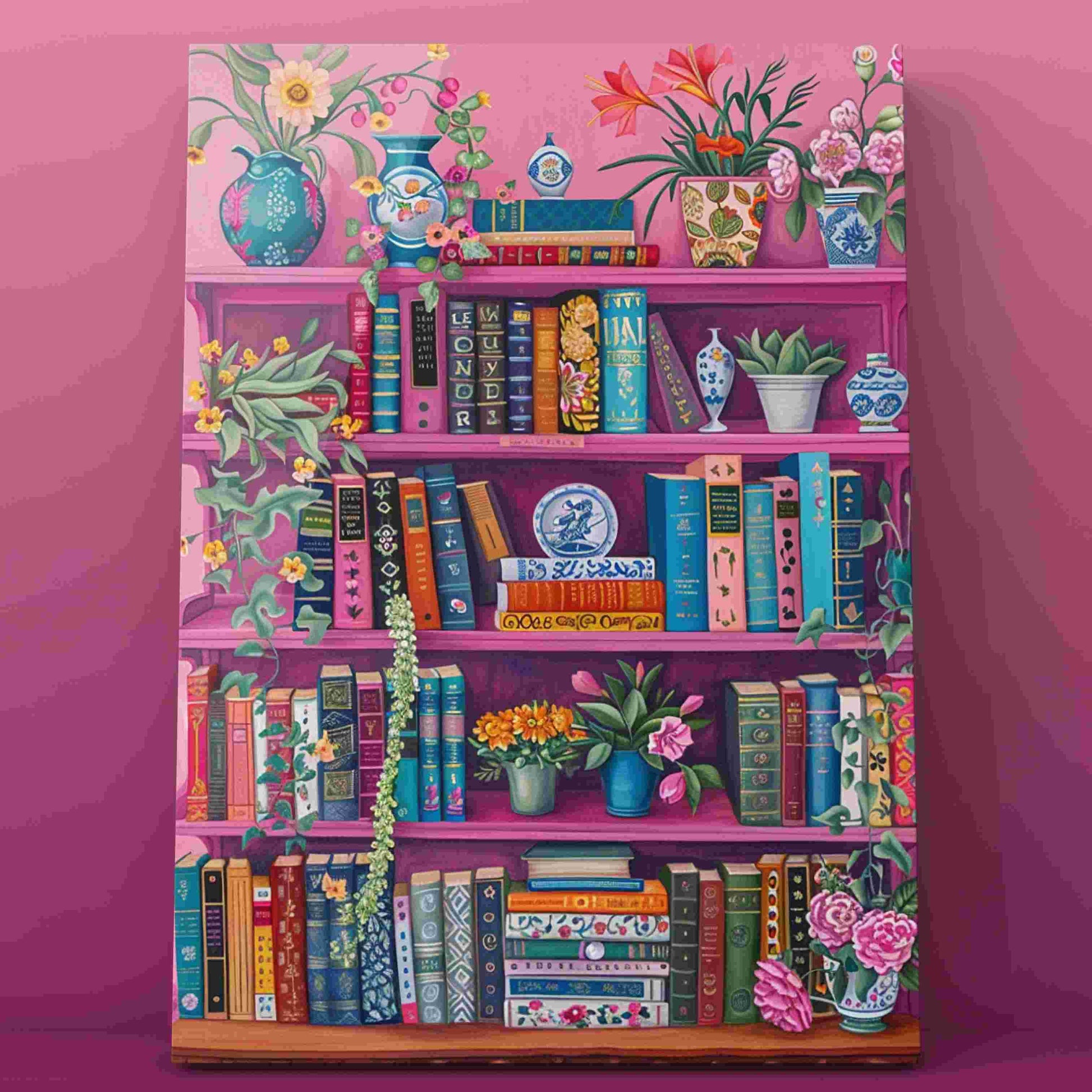 Floral Bookshelf with Elegant Vases Paint by Numbers