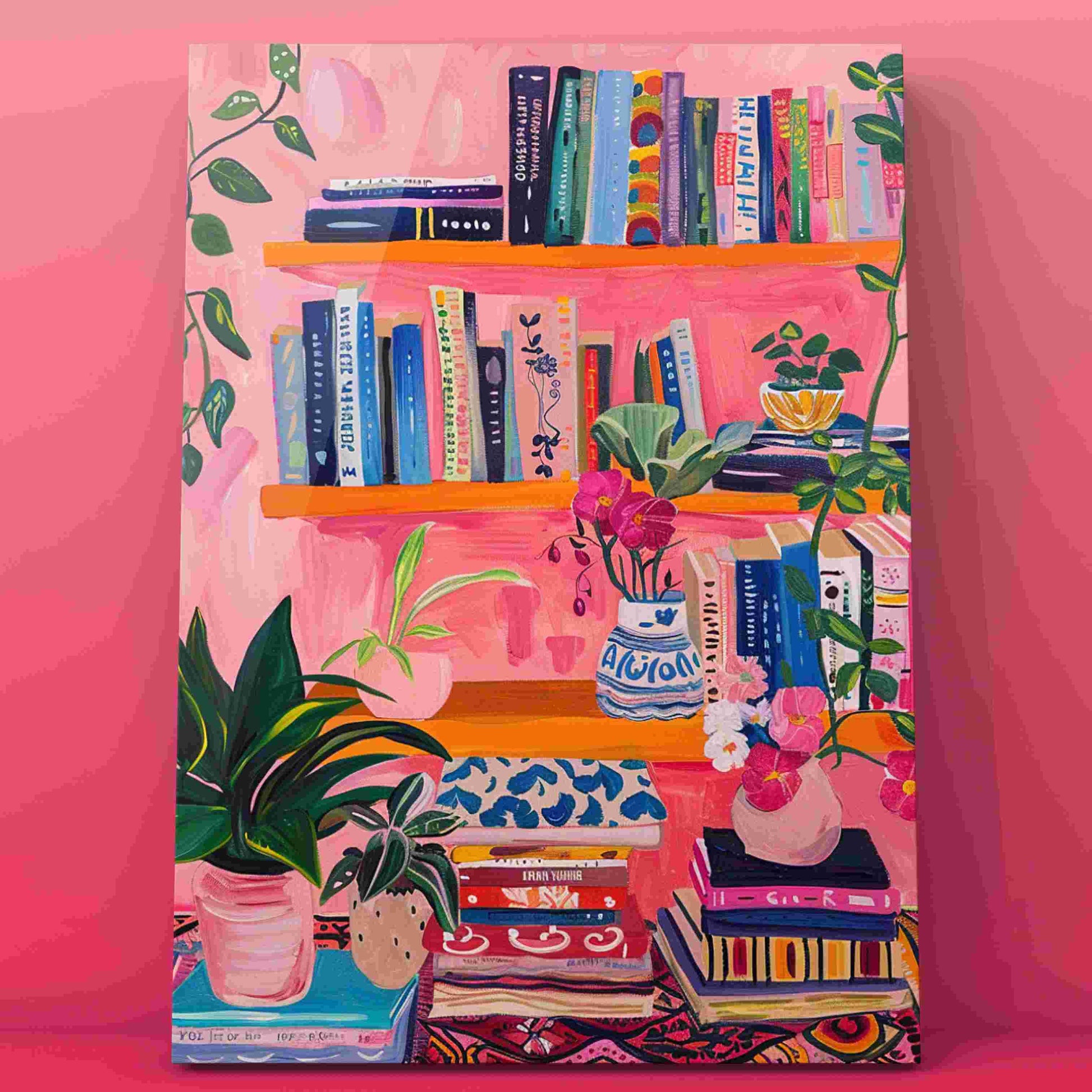 Colorful Bookshelf with Plants Paint by Numbers