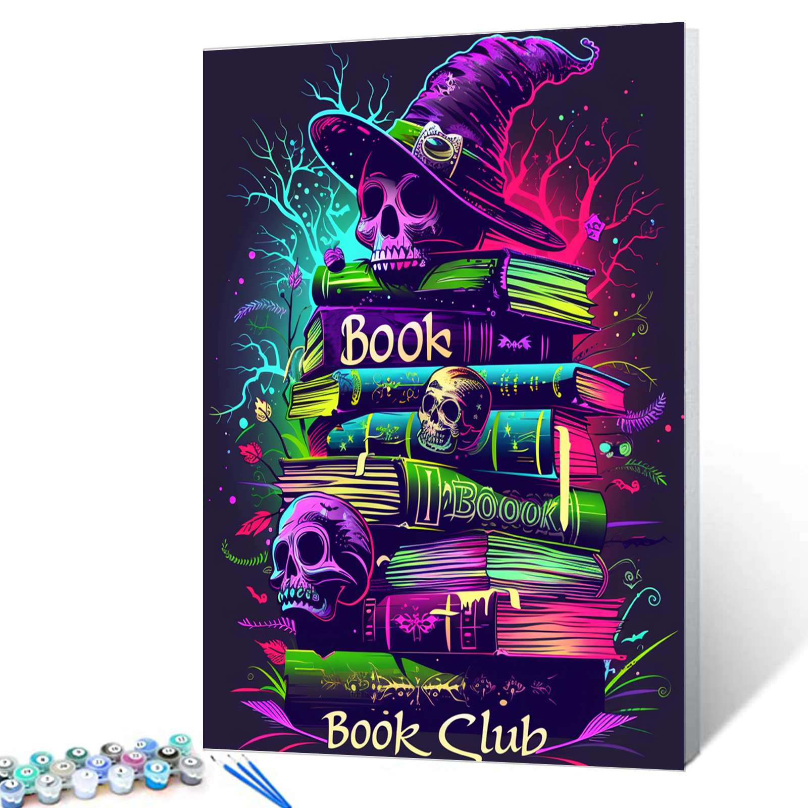 Neon Skulls and Witch Hat Book Stack Paint by Numbers