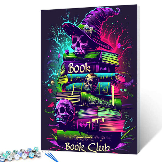 Neon Skulls and Witch Hat Book Stack Paint by Numbers