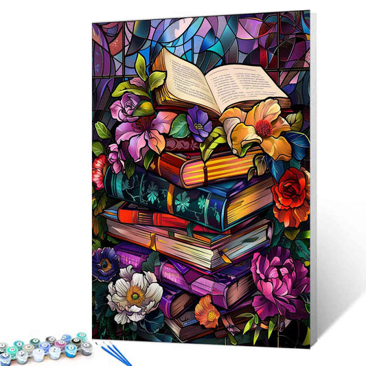 Stained Glass Books and Flowers Paint by Numbers