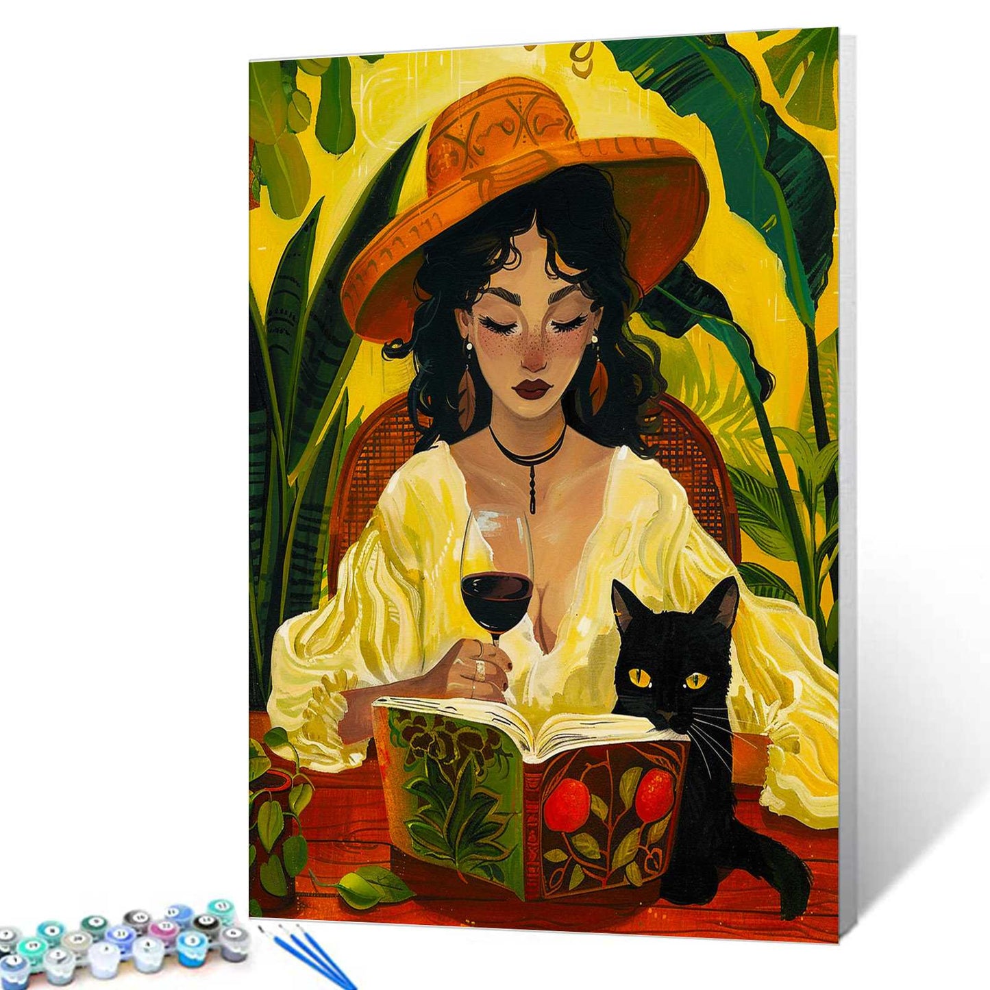 Woman with Wine and Black Cat Paint by Numbers