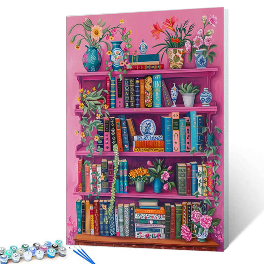 Floral Bookshelf with Elegant Vases Paint by Numbers