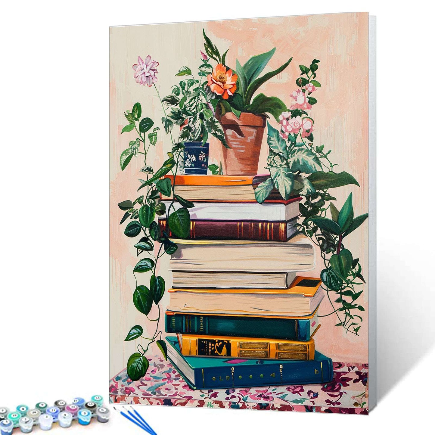 Stack of Books with Blooming Flowers Paint by Numbers