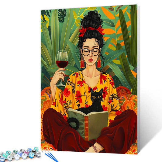 Stylish Woman Reading with Black Cat Paint by Numbers