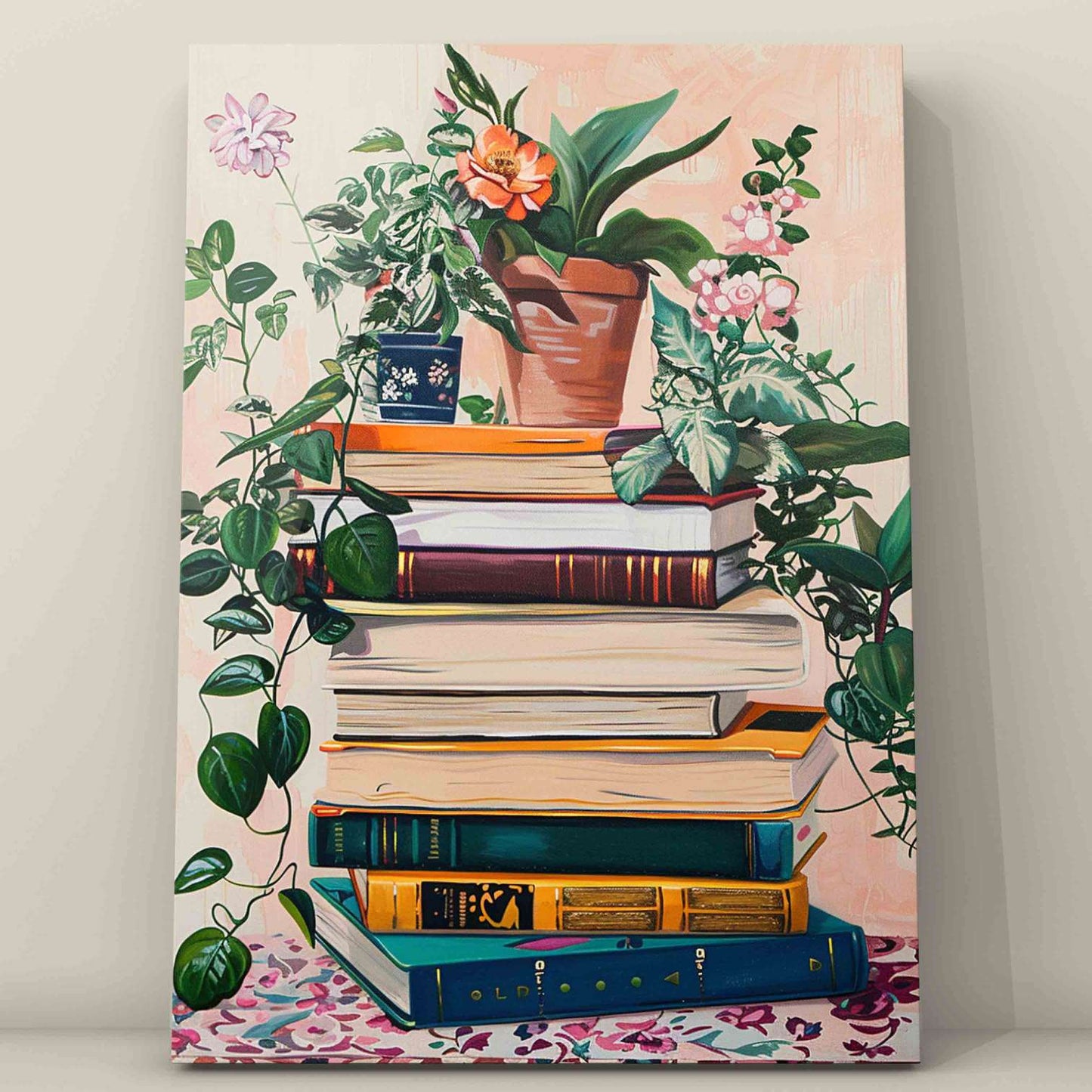 Stack of Books with Blooming Flowers Paint by Numbers