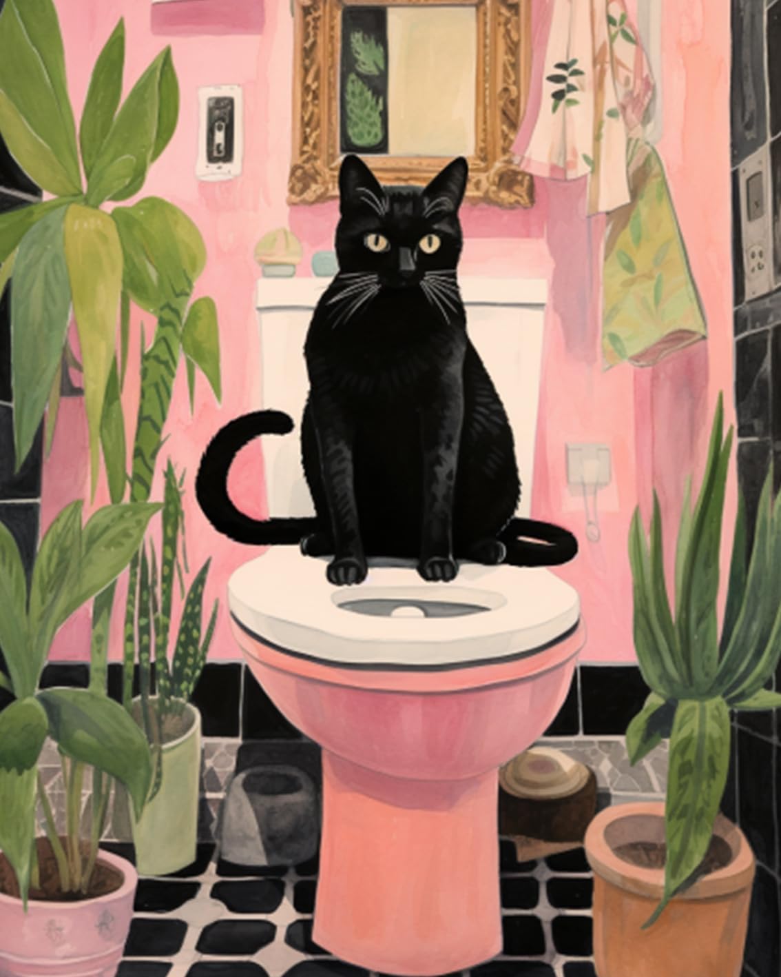 Chat noir assis sur les toilettes Peinture par numéros 