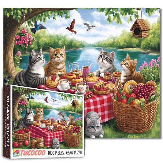 Cat Picnic Party Lakeside Garden Jigsaw Puzzle
