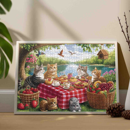 Cat Picnic Party Lakeside Garden Jigsaw Puzzle