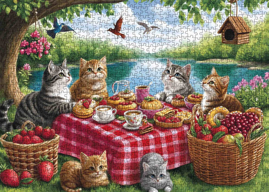 Cat Picnic Party Lakeside Garden Jigsaw Puzzle