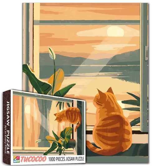 Cat Watching Sunset Window Jigsaw Puzzle