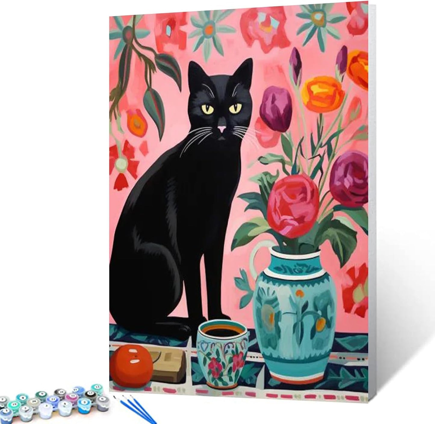 Schwarze Katze mit Blumenvase Malen nach Zahlen 