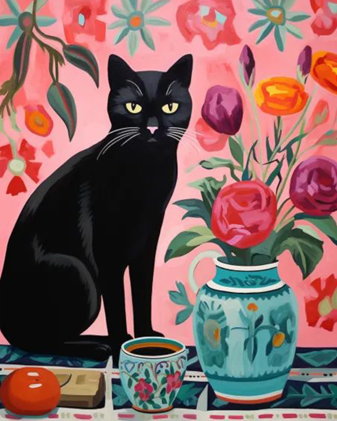 Schwarze Katze mit Blumenvase Malen nach Zahlen 