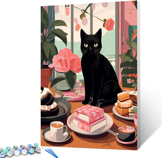 Cat Sitting at Table with Coffee Cake Paint by Numbers