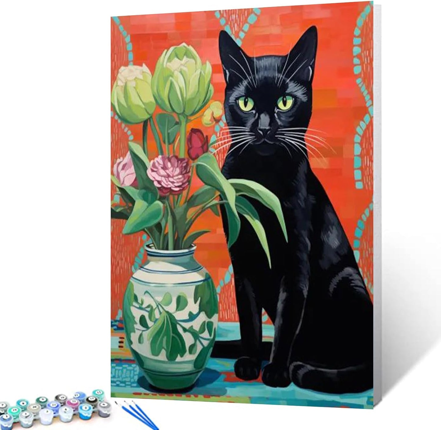 Schwarze Katze sitzt neben einer Blumenvase – Malen nach Zahlen 