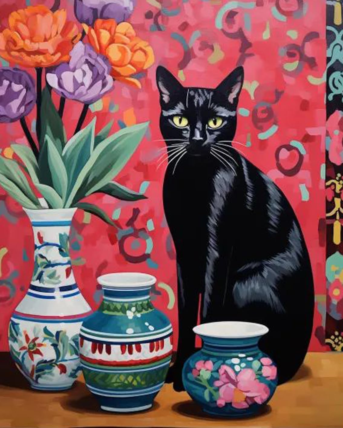 Black Cat and Three Vases Paint by Numbers