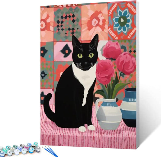 Black and White Cat on Pink Rug Paint by Numbers