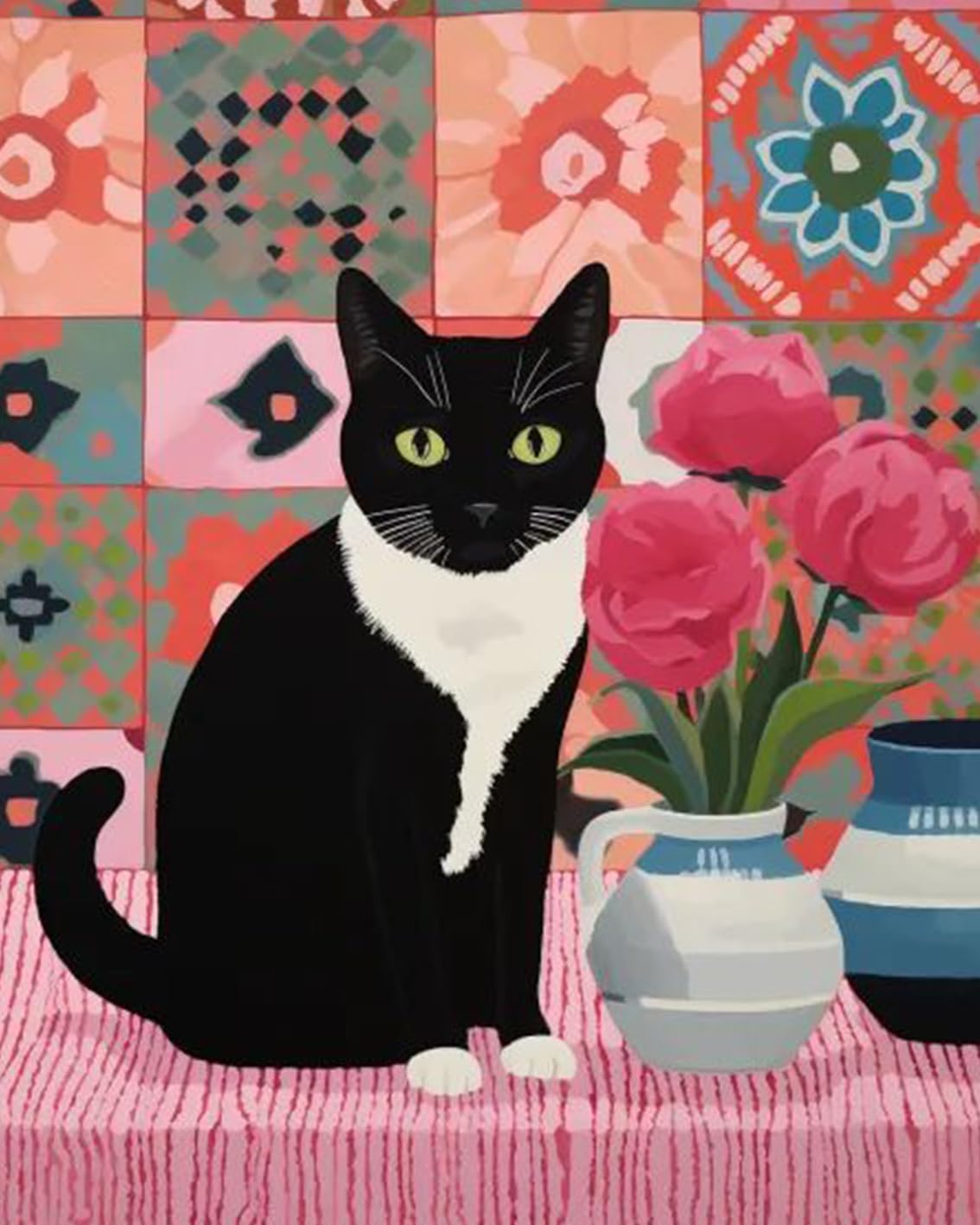 Black and White Cat on Pink Rug Paint by Numbers