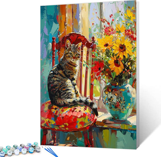 Cat on Red Chair Next to Sunflowers Paint by Numbers