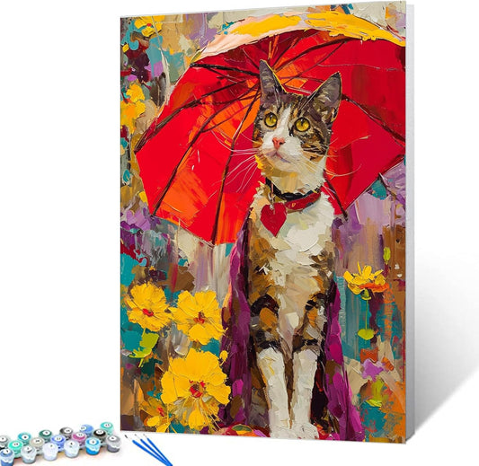 Cat under a Red Umbrella Paint by Numbers