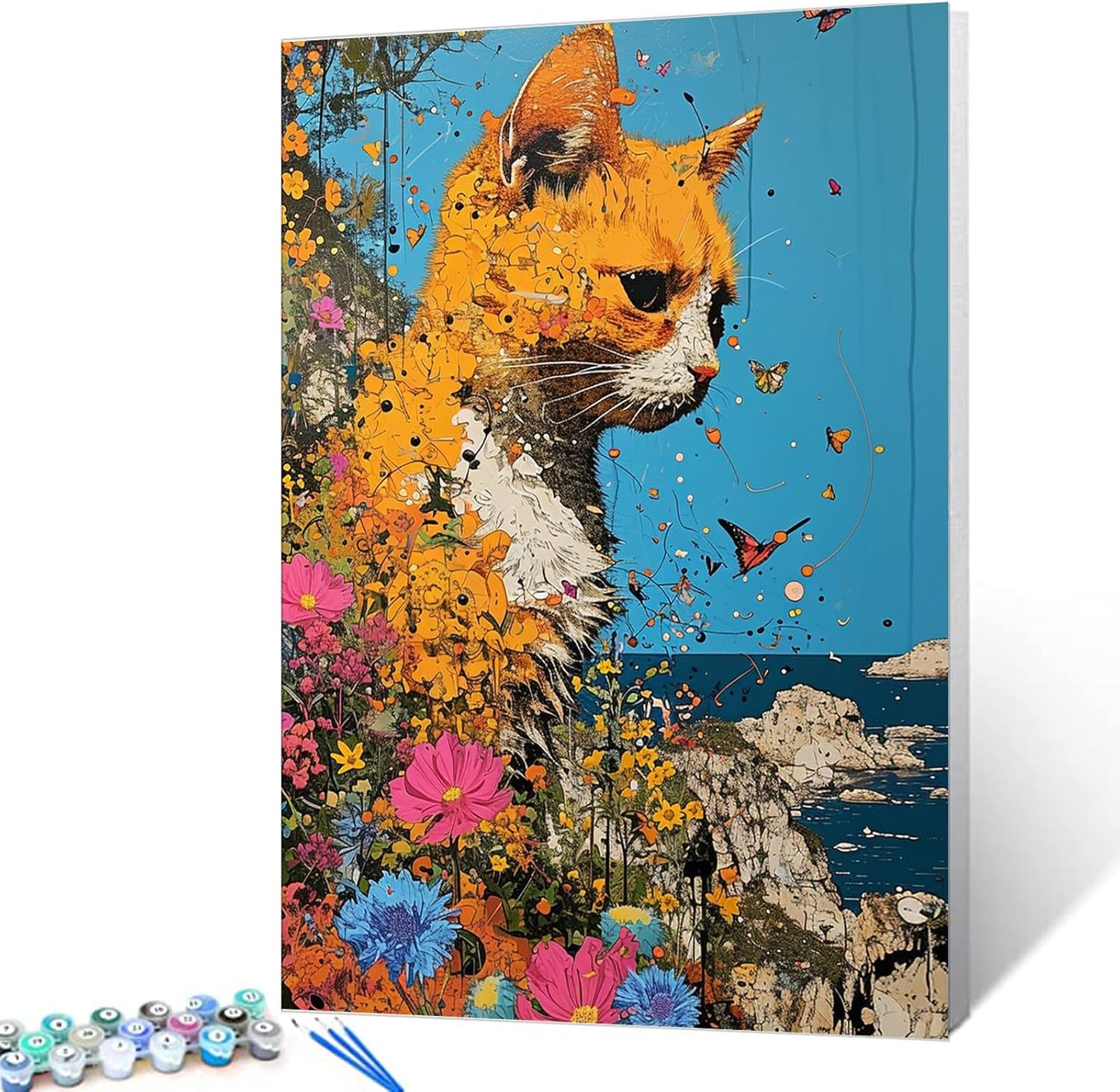 Beautiful Yellow Cat and Flowers Paint by Numbers