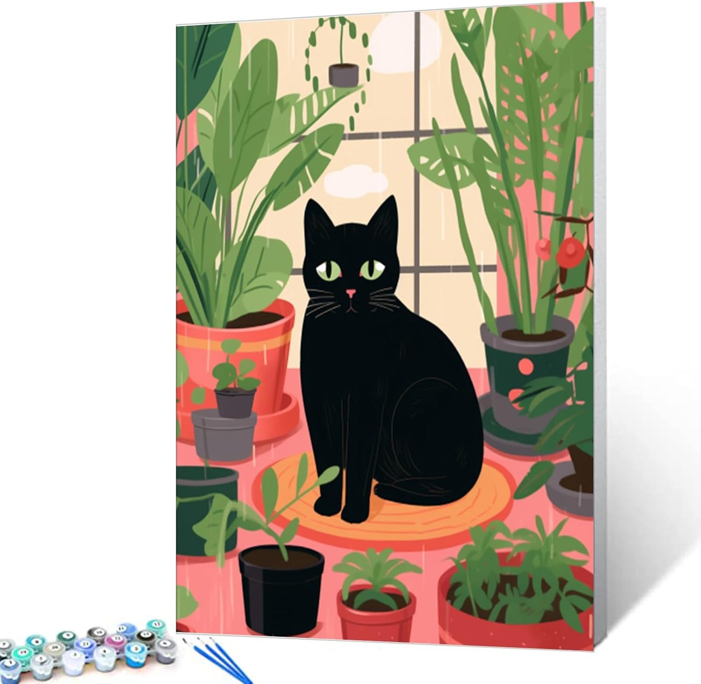 Black Cat Sit on Floor Surrounded by Potted Plant  Paint by Numbers