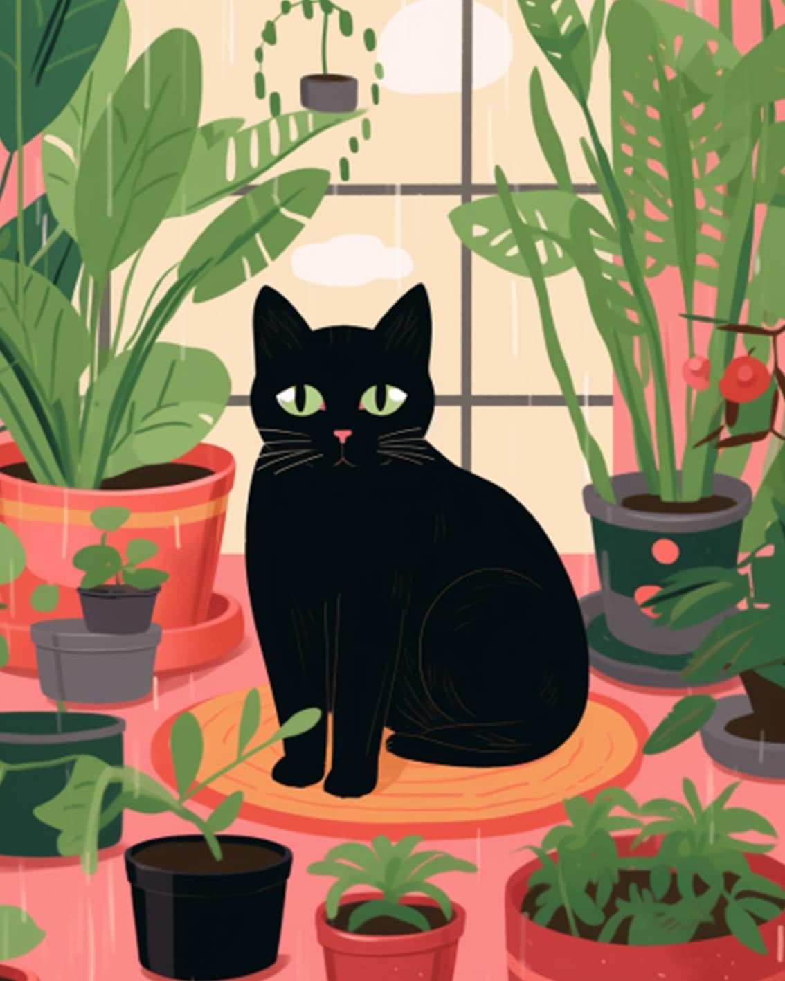 Black Cat Sit on Floor Surrounded by Potted Plant  Paint by Numbers