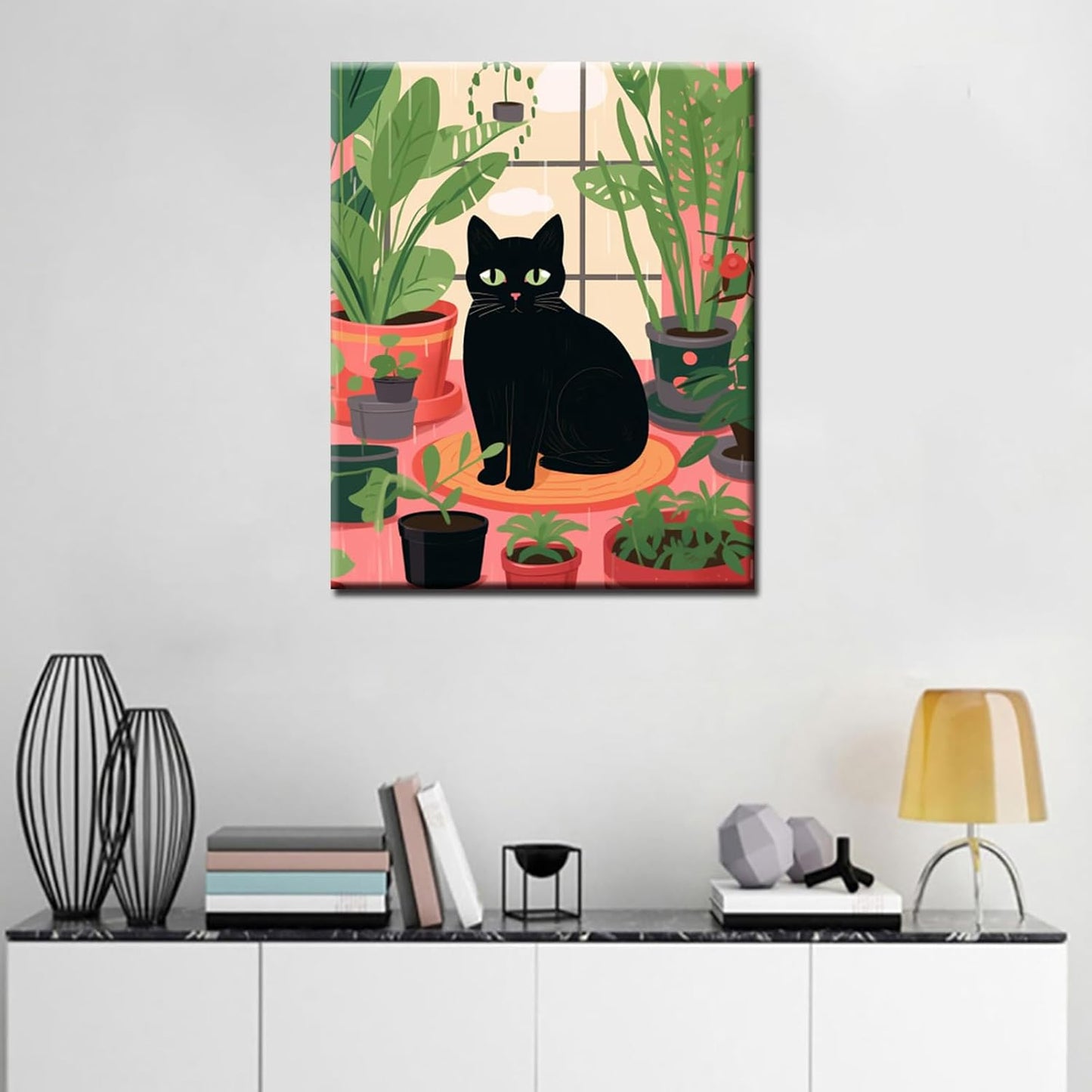 Black Cat Sit on Floor Surrounded by Potted Plant  Paint by Numbers