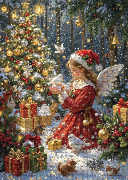 Christmas Angel with Gifts in Snowy Forest Jigsaw Puzzle