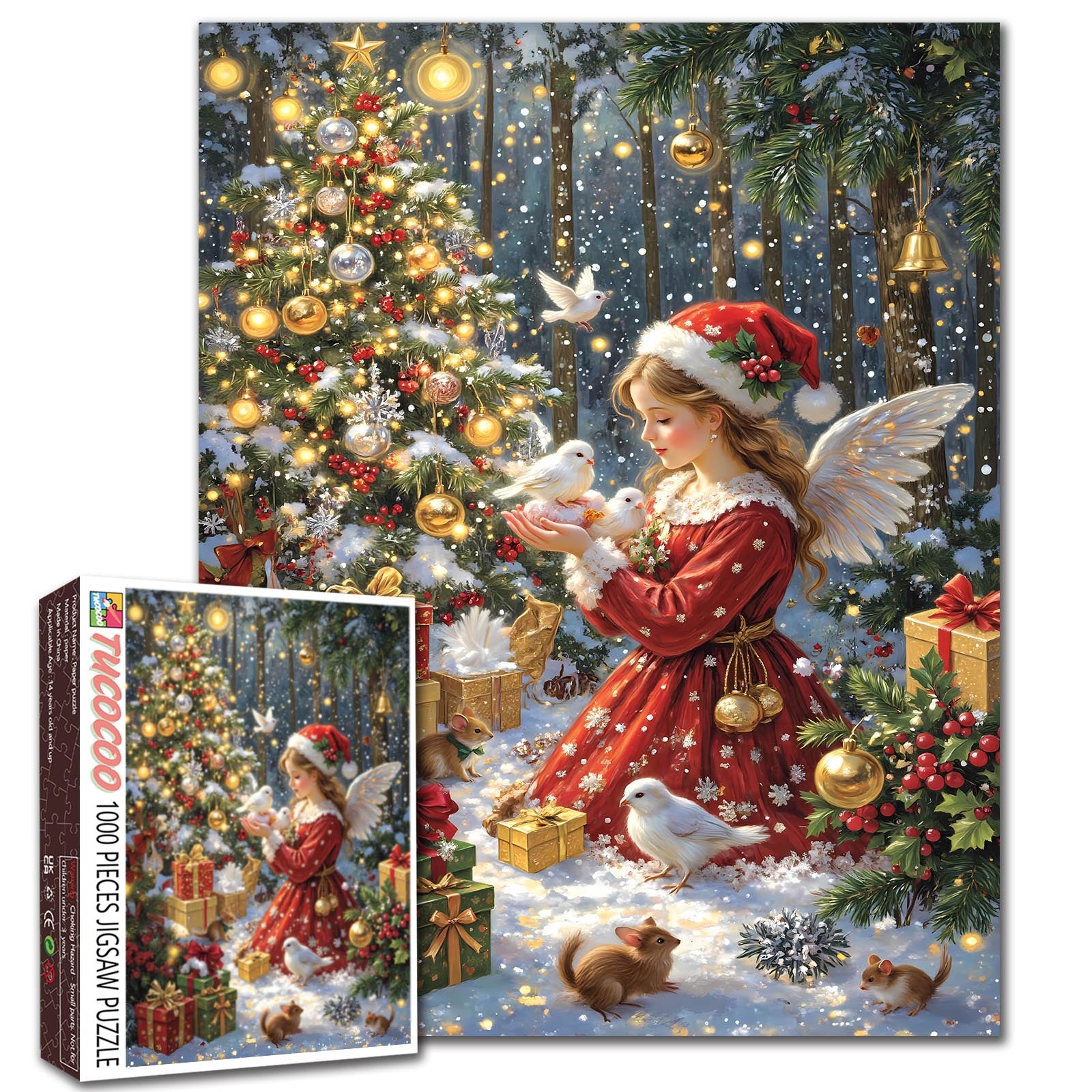 Christmas Angel with Gifts in Snowy Forest Jigsaw Puzzle
