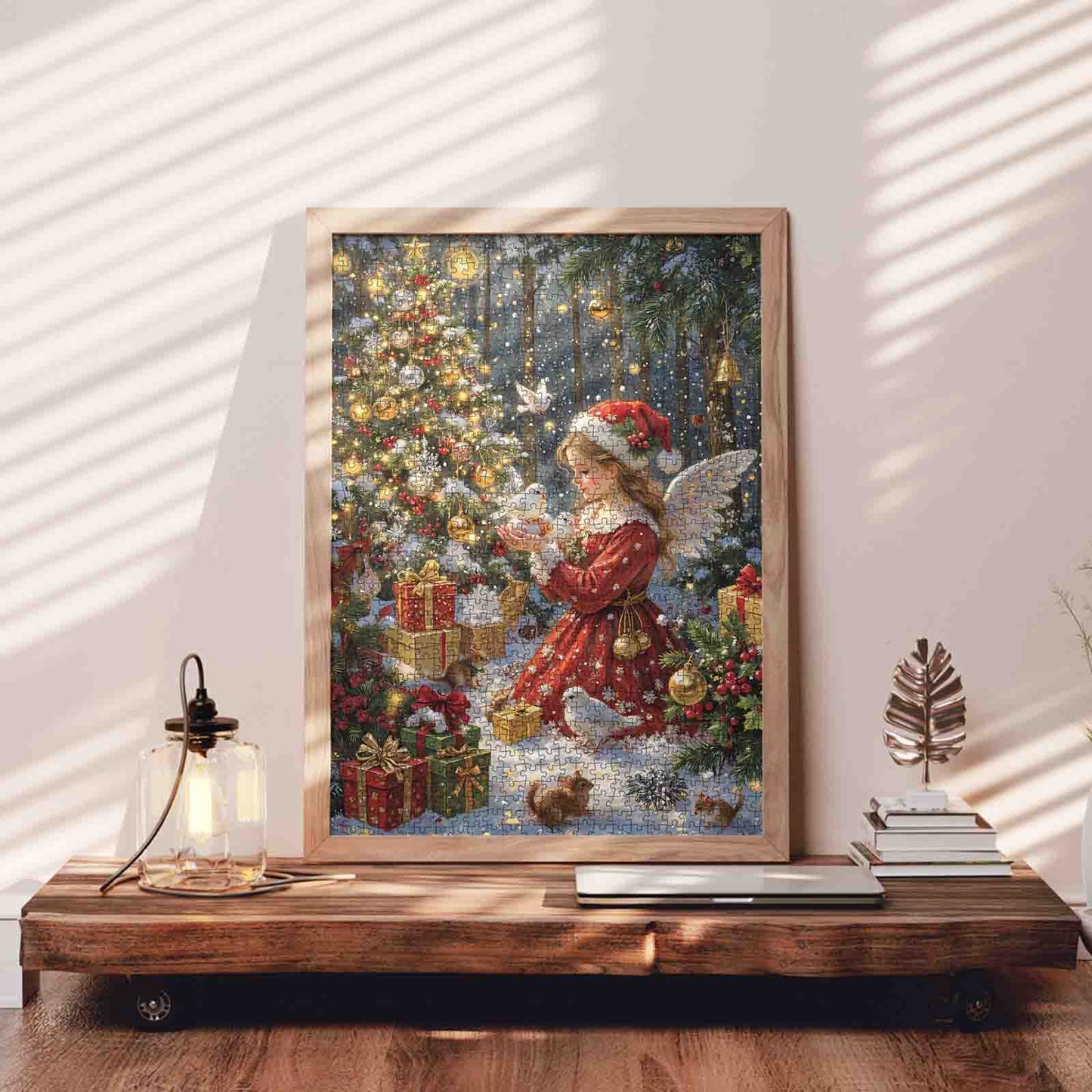Christmas Angel with Gifts in Snowy Forest Jigsaw Puzzle