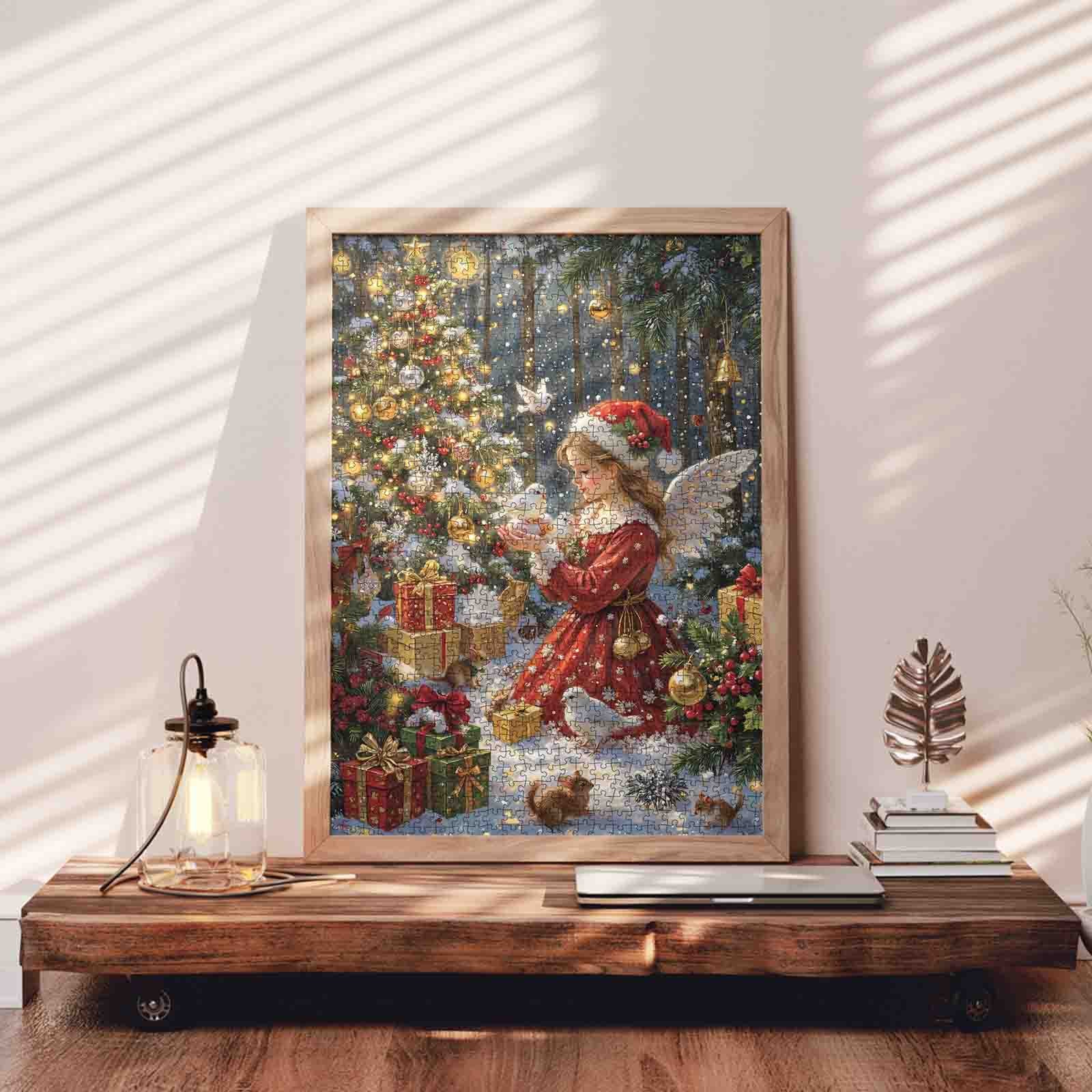 Christmas Angel with Gifts in Snowy Forest Jigsaw Puzzle