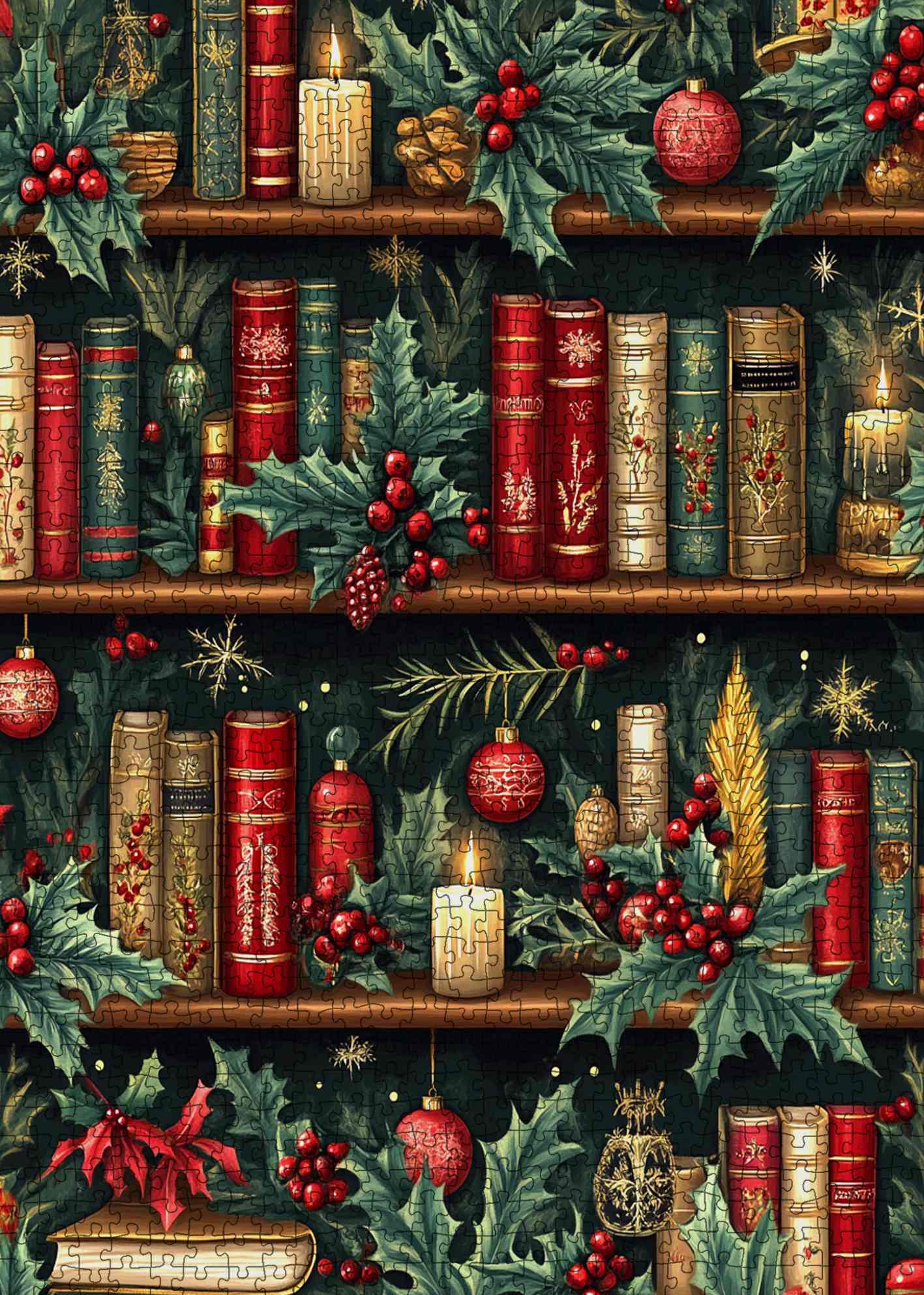 Christmas Bookshelf with Candles and Holly Jigsaw Puzzle