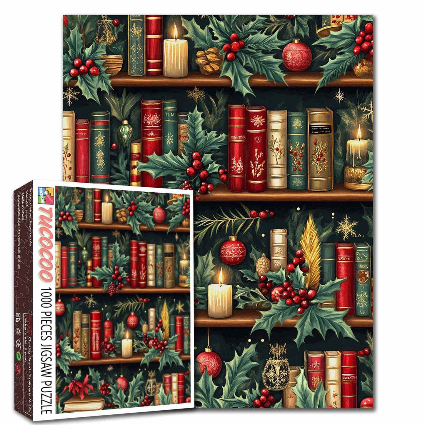 Christmas Bookshelf with Candles and Holly Jigsaw Puzzle
