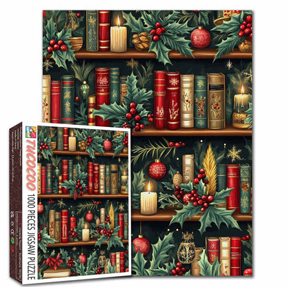 Christmas Bookshelf with Candles and Holly Jigsaw Puzzle
