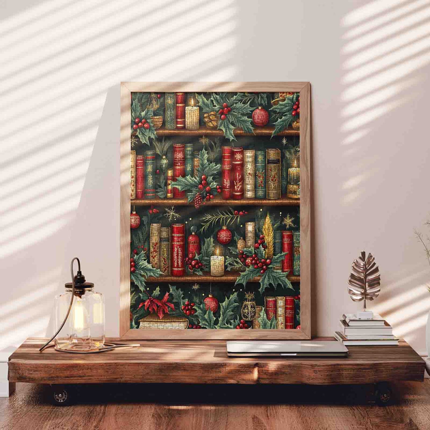 Christmas Bookshelf with Candles and Holly Jigsaw Puzzle